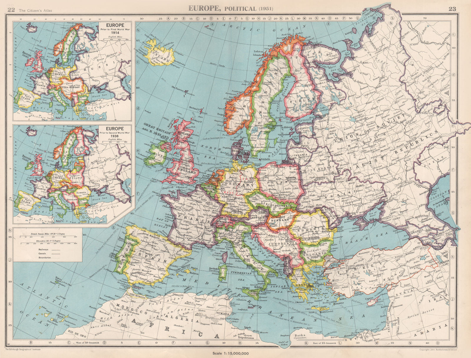 EUROPE in 1951. & inset in 1914 & 1938. Germany divided. BARTHOLOMEW 1952 map